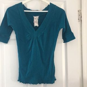 Teal, ribbed, elbow length shirt